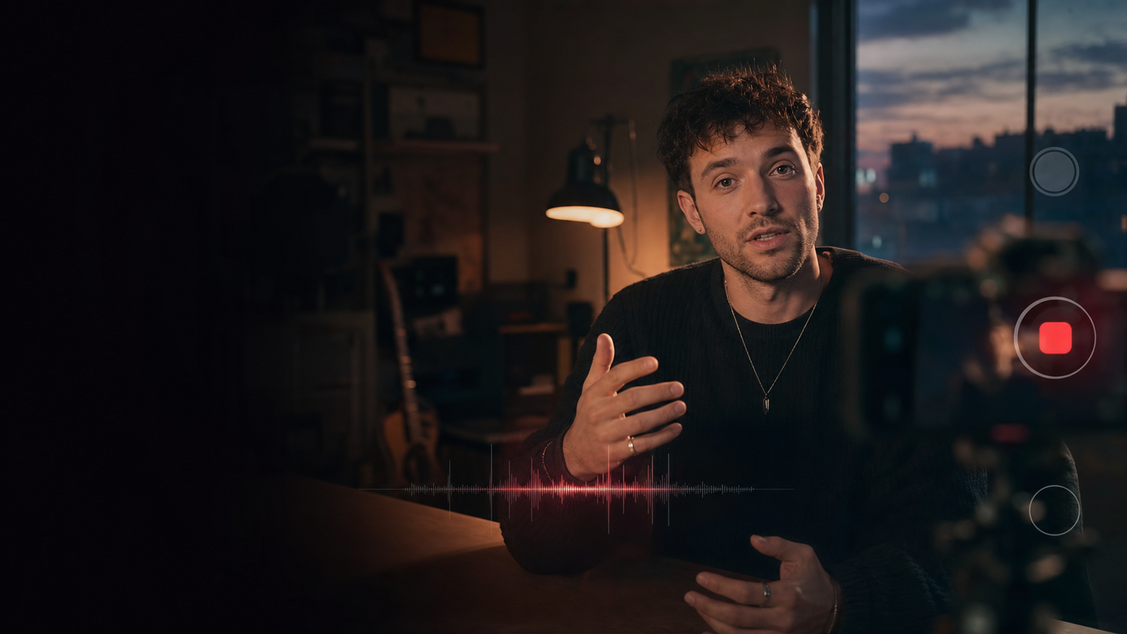 Una persona grabando una toma en un estudio mientras una l&iacute;nea de tiempo de audio acompa&ntilde;a la escena.